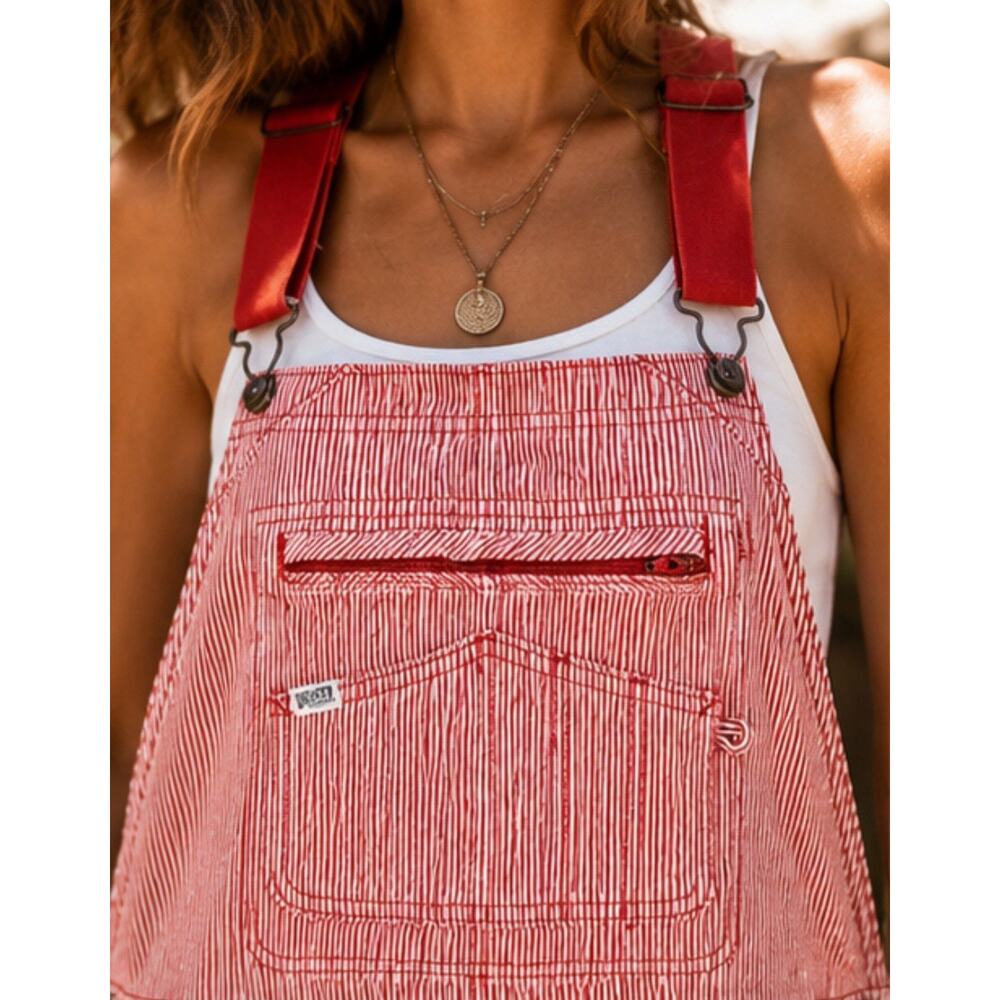 Duluth Trading Women’s L Red White Hickory Stripe Railroad Overalls Workwear Bib - Picture 2 of 10